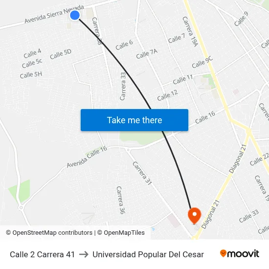 Calle 2 Carrera 41 to Universidad Popular Del Cesar map