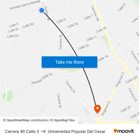 Carrera 40 Calle 3 to Universidad Popular Del Cesar map