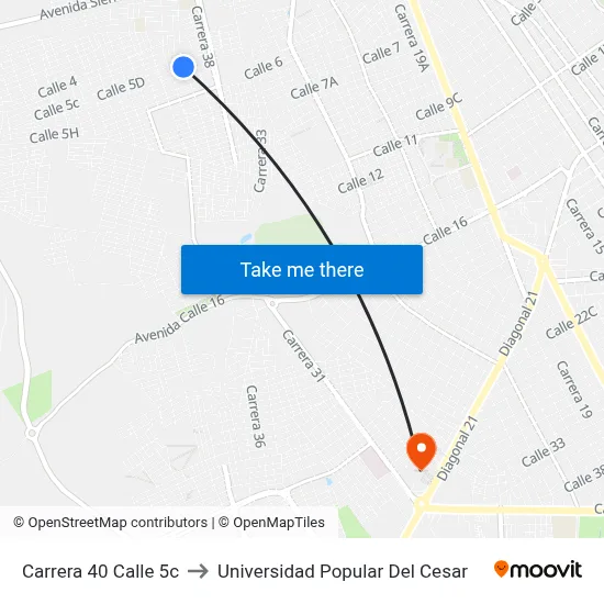 Carrera 40 Calle 5c to Universidad Popular Del Cesar map