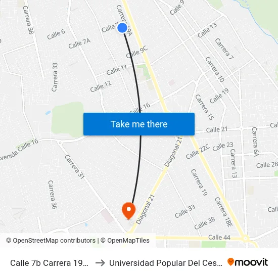 Calle 7b Carrera 19a2 to Universidad Popular Del Cesar map