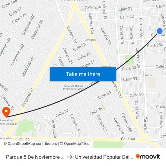 Parque 5 De Noviembre (N - S) to Universidad Popular Del Cesar map