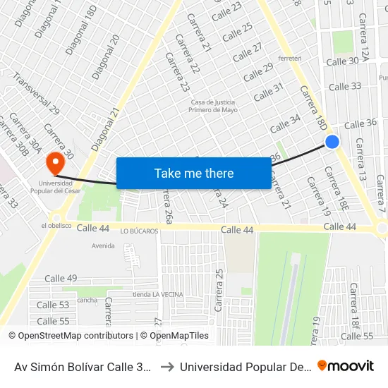 Av Simón Bolívar Calle 37 (N - S) to Universidad Popular Del Cesar map