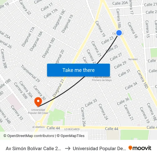 Av Simón Bolívar Calle 23 (N - S) to Universidad Popular Del Cesar map