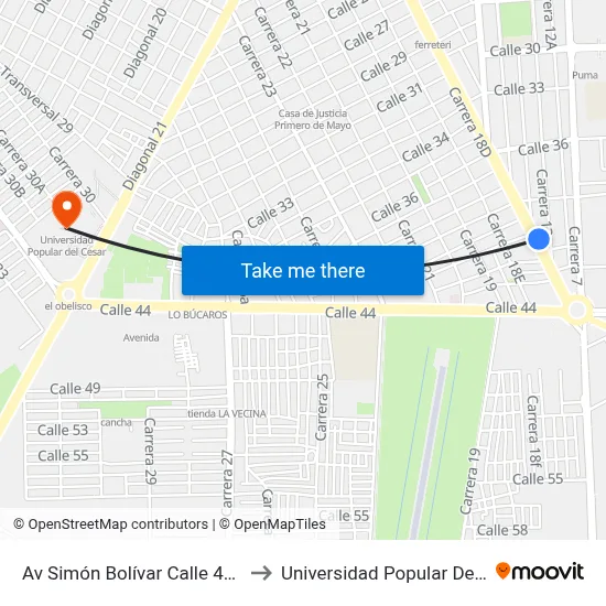 Av Simón Bolívar Calle 41 (S - N) to Universidad Popular Del Cesar map