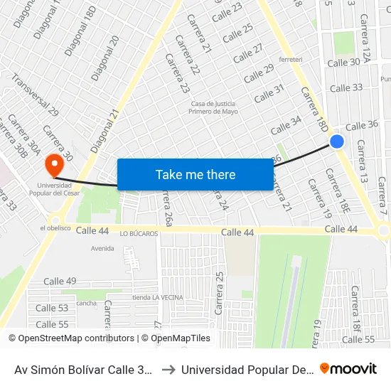 Av Simón Bolívar Calle 37 (S - N) to Universidad Popular Del Cesar map