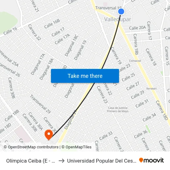 Olímpica Ceiba (E - O) to Universidad Popular Del Cesar map
