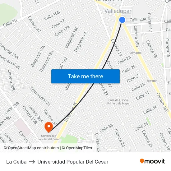 La Ceiba to Universidad Popular Del Cesar map