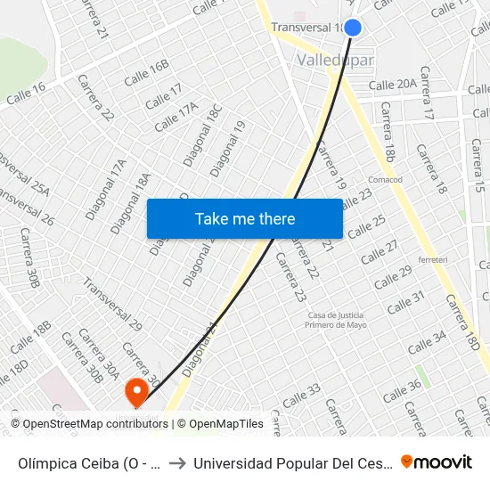 Olímpica Ceiba (O - E) to Universidad Popular Del Cesar map