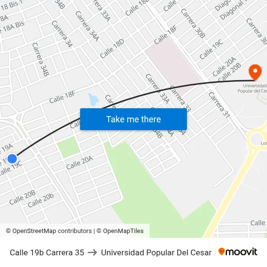 Calle 19b Carrera 35 to Universidad Popular Del Cesar map