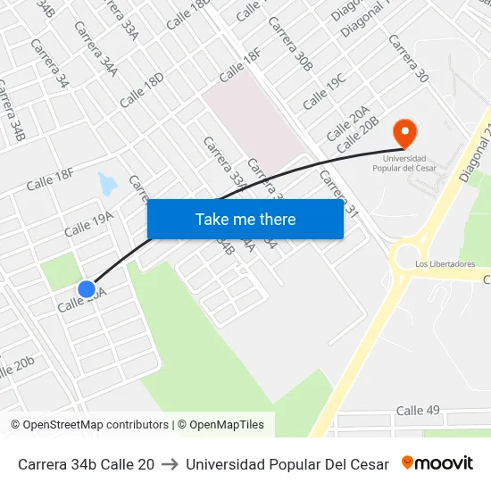 Carrera 34b Calle 20 to Universidad Popular Del Cesar map