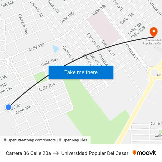 Carrera 36 Calle 20a to Universidad Popular Del Cesar map