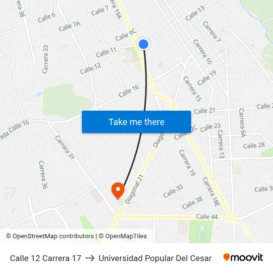 Calle 12 Carrera 17 to Universidad Popular Del Cesar map