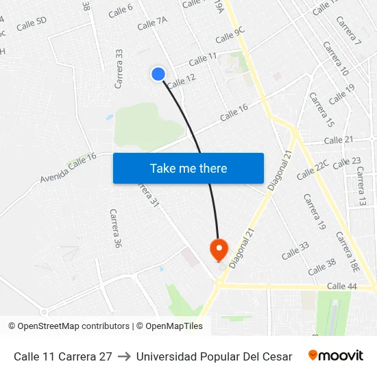 Calle 11 Carrera 27 to Universidad Popular Del Cesar map