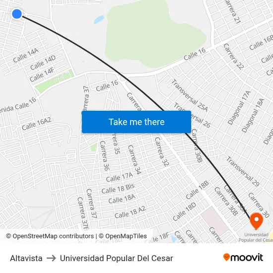 Altavista to Universidad Popular Del Cesar map