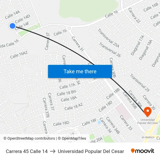Carrera 45 Calle 14 to Universidad Popular Del Cesar map