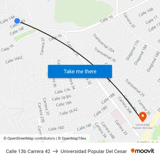 Calle 13b Carrera 42 to Universidad Popular Del Cesar map