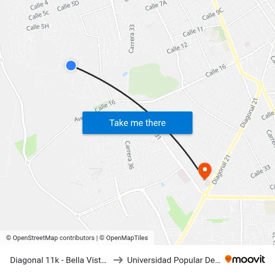 Diagonal 11k - Bella Vista (E - O) to Universidad Popular Del Cesar map