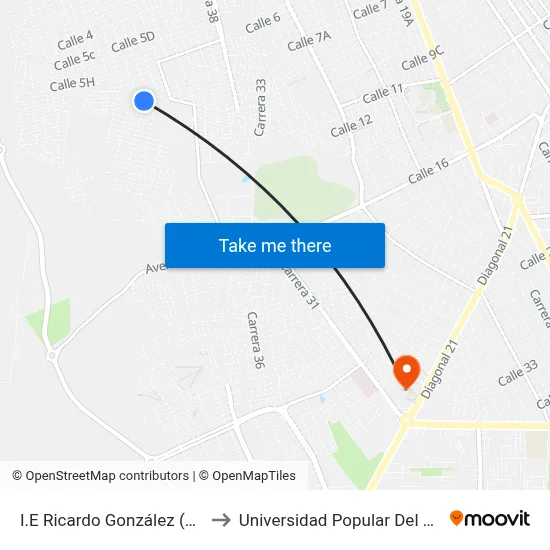 I.E Ricardo González (S - N) to Universidad Popular Del Cesar map