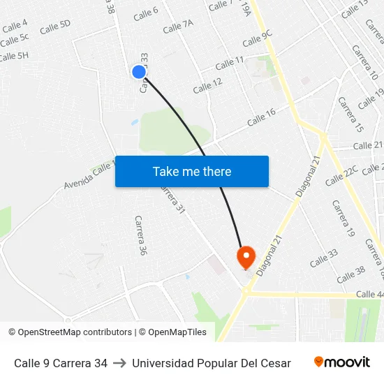 Calle 9 Carrera 34 to Universidad Popular Del Cesar map