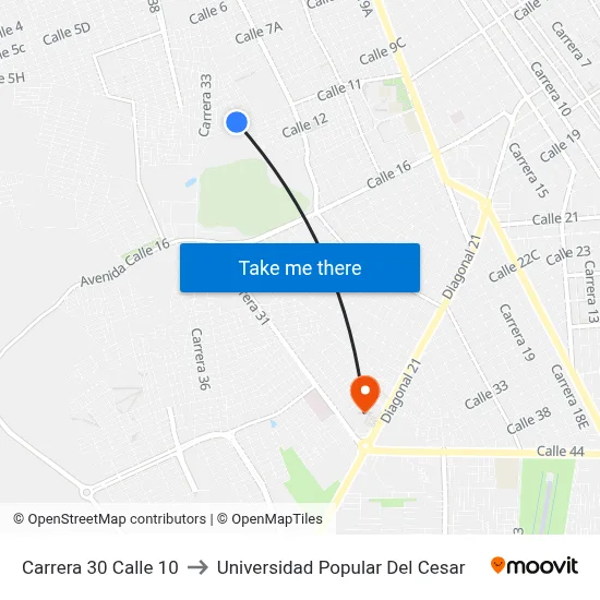 Carrera 30 Calle 10 to Universidad Popular Del Cesar map