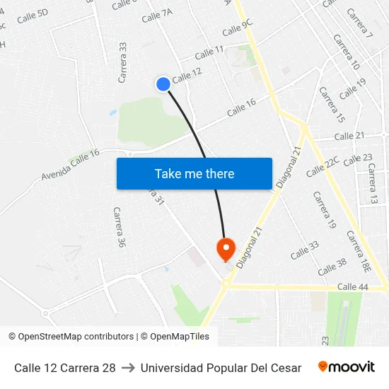 Calle 12 Carrera 28 to Universidad Popular Del Cesar map