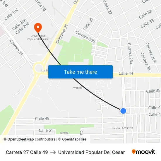 Carrera 27 Calle 49 to Universidad Popular Del Cesar map