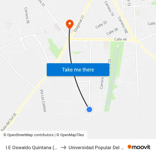 I.E Oswaldo Quintana (N - S) to Universidad Popular Del Cesar map