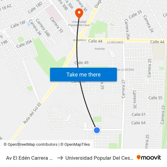 Av El Edén Carrera 29 to Universidad Popular Del Cesar map