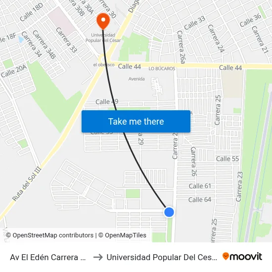 Av El Edén Carrera 27 to Universidad Popular Del Cesar map