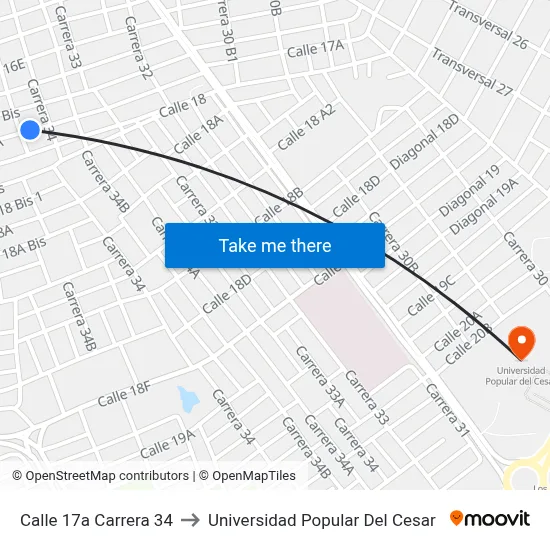 Calle 17a Carrera 34 to Universidad Popular Del Cesar map