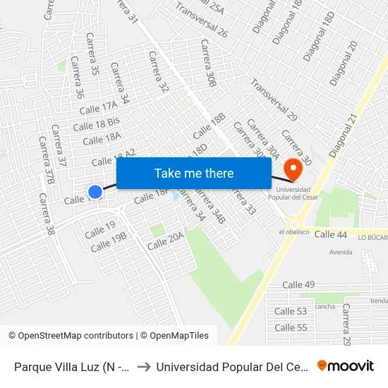 Parque Villa Luz (N - S) to Universidad Popular Del Cesar map