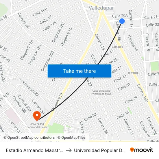 Estadio Armando Maestre (O - E) to Universidad Popular Del Cesar map