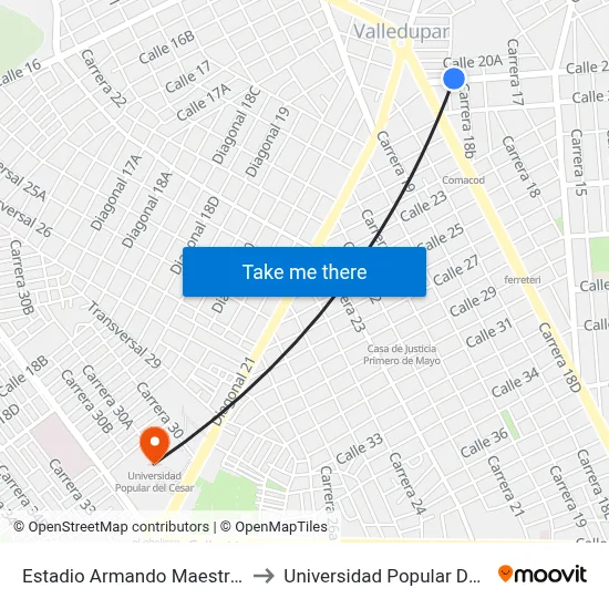Estadio Armando Maestre (E - O) to Universidad Popular Del Cesar map