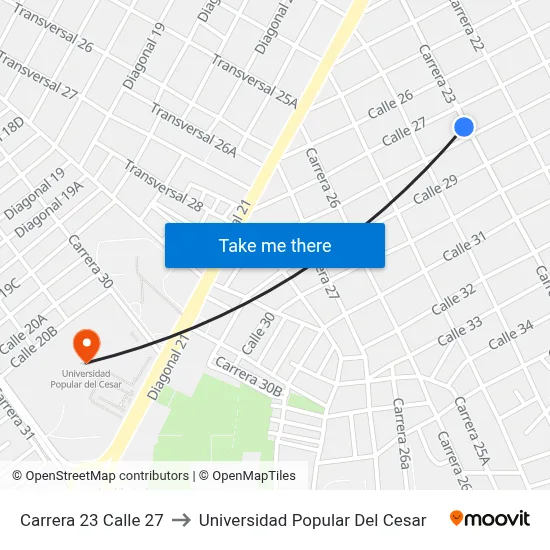 Carrera 23 Calle 27 to Universidad Popular Del Cesar map