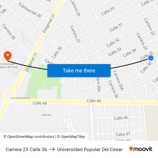 Carrera 23 Calle 36 to Universidad Popular Del Cesar map