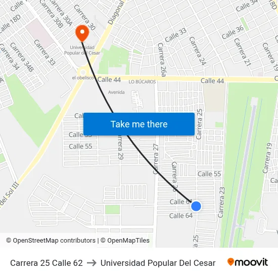 Carrera 25 Calle 62 to Universidad Popular Del Cesar map