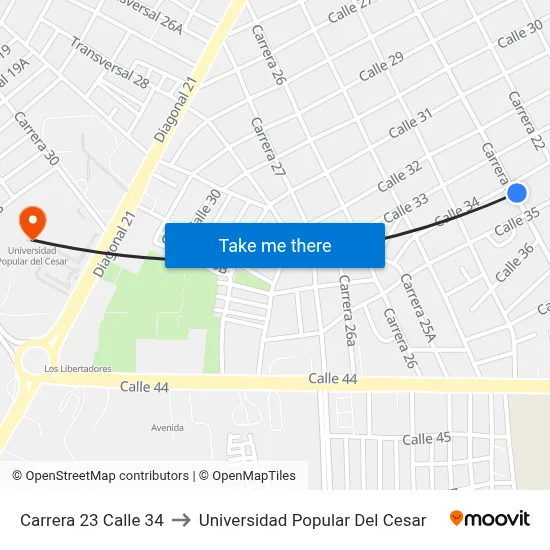Carrera 23 Calle 34 to Universidad Popular Del Cesar map