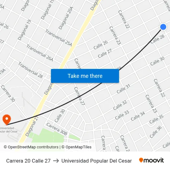 Carrera 20 Calle 27 to Universidad Popular Del Cesar map