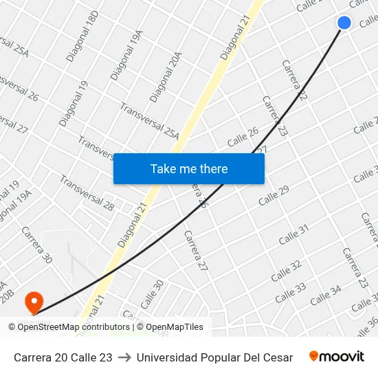 Carrera 20 Calle 23 to Universidad Popular Del Cesar map