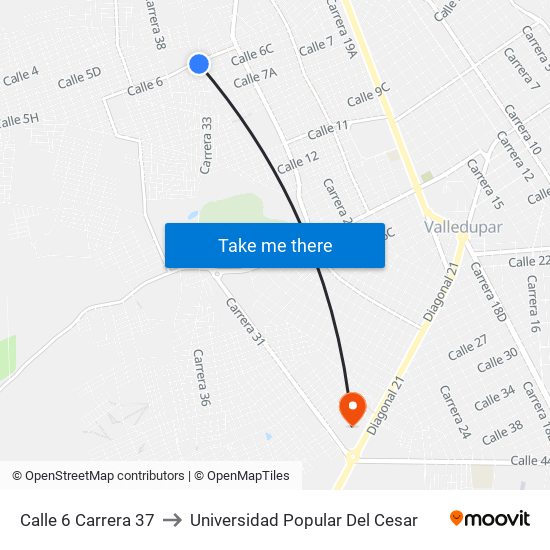 Calle 6 Carrera 37 to Universidad Popular Del Cesar map