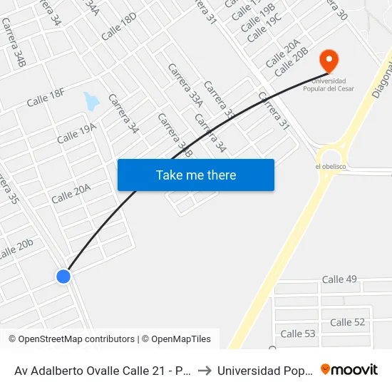 Av Adalberto Ovalle Calle 21 - Pista Bmx Mariana Pajon to Universidad Popular Del Cesar map