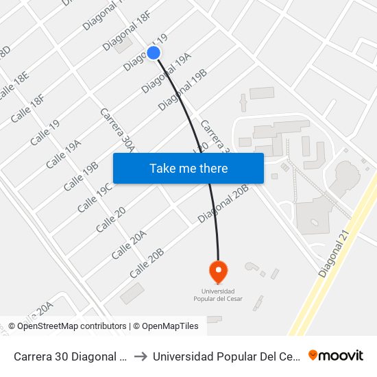 Carrera 30 Diagonal 19 to Universidad Popular Del Cesar map