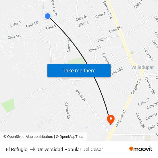 El Refugio to Universidad Popular Del Cesar map