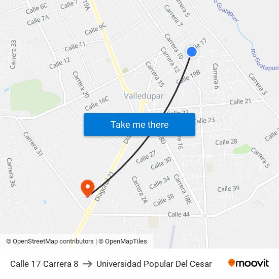 Calle 17 Carrera 8 to Universidad Popular Del Cesar map