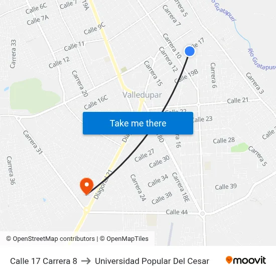 Calle 17 Carrera 8 to Universidad Popular Del Cesar map