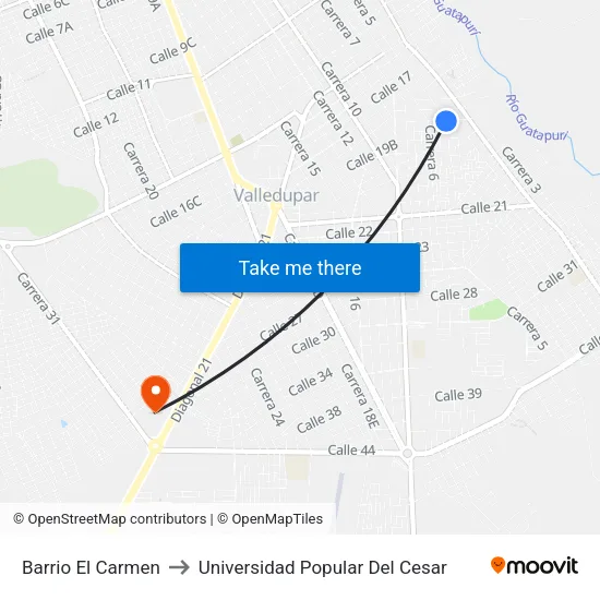 Barrio El Carmen to Universidad Popular Del Cesar map