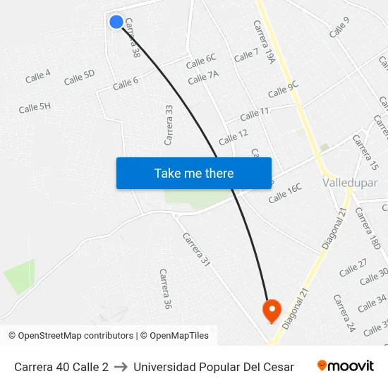 Carrera 40 Calle 2 to Universidad Popular Del Cesar map