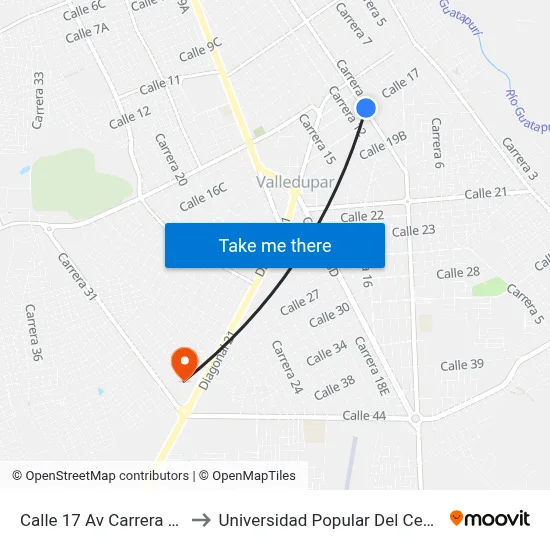 Calle 17 Av Carrera 11 to Universidad Popular Del Cesar map