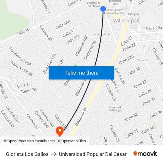 Glorieta Los Gallos to Universidad Popular Del Cesar map