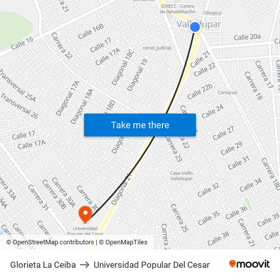 Glorieta La Ceiba to Universidad Popular Del Cesar map